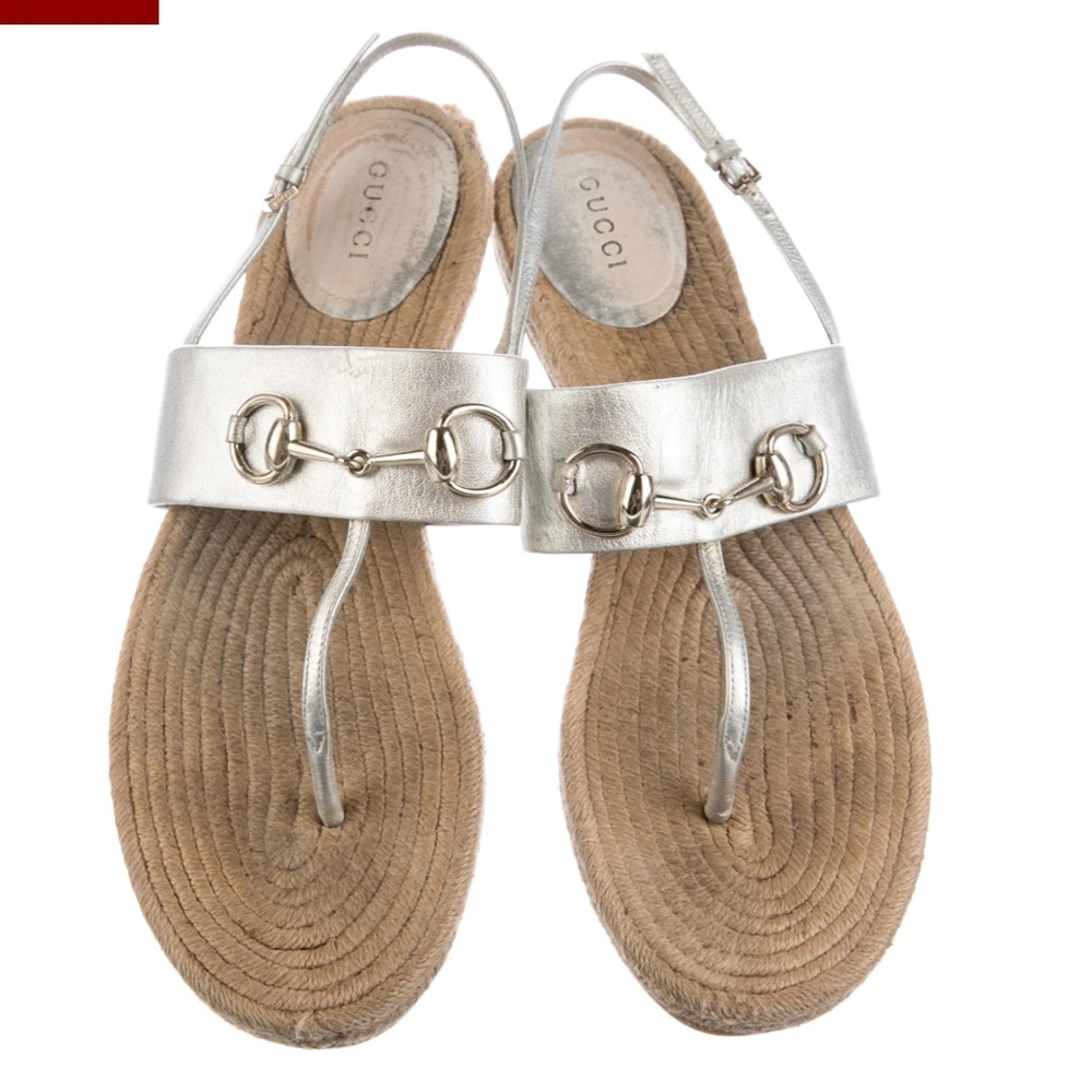 Gucci Horsebit T-Strap Espadrilles Leather Gold Straw Sandals Shoes 41/ 11